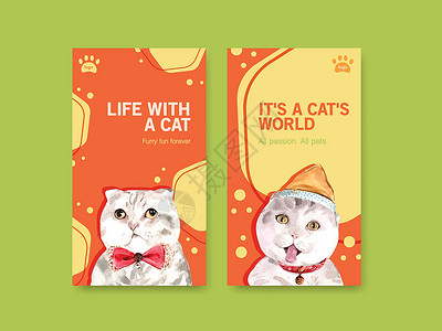 兽性的Instagram 模板设计与可爱的猫社交媒体和在线社区水彩它制作图案艺术动物朋友绘画兽性插图手绘传单营销互联网插画
