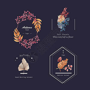 标志设计与秋花概念品牌和营销水彩插图花园植物学植物广告绘画背景图片
