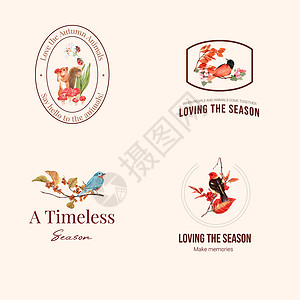 标志与秋季森林和动物概念设计品牌和营销水彩矢量插图季节狐狸卡通片兔子蜗牛绘画橙子叶子植物猫头鹰背景图片