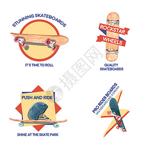 滑板长板带有滑板设计概念的标志 用于品牌和营销水彩矢量插图运动乐趣坡道木板闲暇青少年长板滑冰街道娱乐设计图片