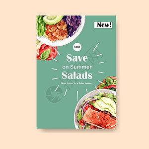 带有健康有机食品设计的海报模板 用于横幅 小册子 传单和广告水彩矢量插画生态饮食水果插图手绘沙拉蔬菜食物营养背景图片