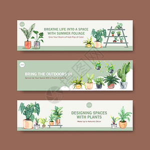 碱夏季植物横幅模板设计手册 传单 广告和小册子水彩图案花园叶子插图肉质双色贝母文档箭头园艺手绘插画