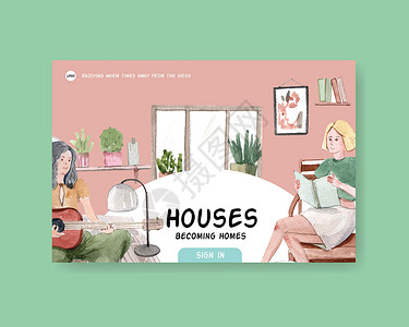 Facebook 模板设计留在家里的概念与人的性格和室内水彩插画房子插图客厅社交互联网邮政媒体房间横幅海报背景图片