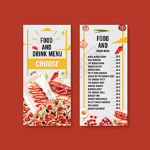 传单模板与烹饪设计小册子和广告水彩它制作图案熏肉美食餐厅午餐盘子食物蔬菜背景图片