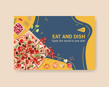 带有烹饪设计的 Facebook 模板 用于小册子 网页和传单水彩插图互联网蔬菜盘子食物午餐社区熏肉餐厅媒体社交背景图片