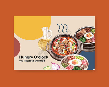 带有烹饪设计的 Facebook 模板 用于小册子 网页和传单水彩插图熏肉午餐媒体蔬菜盘子美食餐厅社区食物社交背景图片