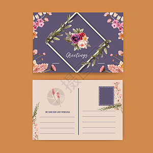 花酒明信片设计与水彩插图植物玫瑰手绘小麦桉树卡片艺术植物群绘画树叶背景图片