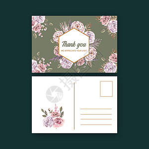 干花明信片设计与牡丹玫瑰叶水彩插图蕨叶玫瑰艺术绘画明信片卡片花蕾花束打印牡丹插画