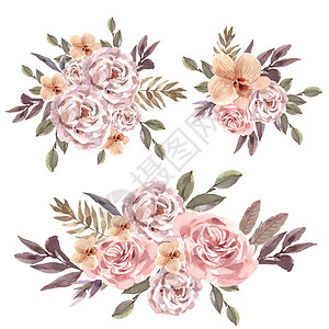 干花花束设计与牡丹玫瑰水彩插图粉色手绘染色艺术树叶兰花草图绘画背景图片
