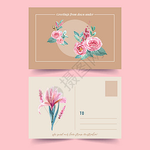 洋地黄花卉迷人的明信片设计与复古花卉水彩插图鸢尾花叶子手绘植物绘画艺术打印粉色插画