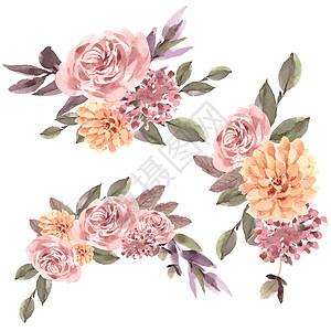 卑尔根干花花束设计与迷迭香叶水彩插图染色手绘玫瑰绘画艺术植物群树叶万寿菊插画