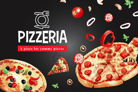 大蒜炒香肠比萨饼框架设计与意大利辣香肠比萨大蒜水彩插图插画