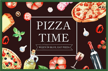 披萨框架设计与滚动水彩插图香肠绘画广告南瓜玻璃艺术美食手绘草图勺子背景图片