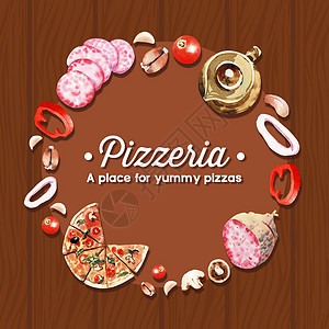 意大利茶披萨花环设计与甜椒茶 potsalami 水彩它制作图案插画