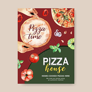 披萨海报设计与水彩插图餐厅手绘菜肴艺术擀面杖卡片绘画洋葱食物美食背景图片