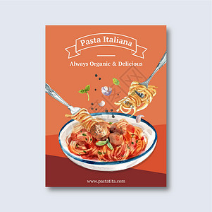 意大利面海报设计与意大利面叉水彩插图面条胡椒手绘美食菜肴打印绘画艺术背景图片