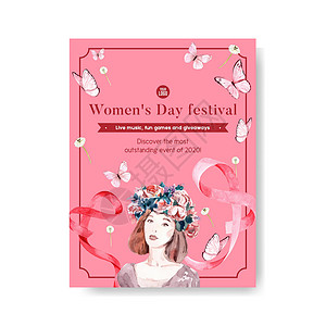 妇女节海报设计与水彩它制作图案染色手绘玫瑰绘画蝴蝶打印丝带艺术插图背景图片