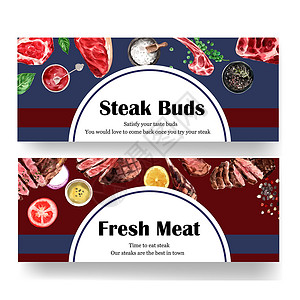 牛排横幅设计与各种类型的肉水彩插图背景图片