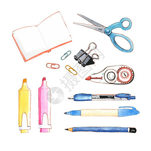 水彩笔记本一套用于装饰的独立水彩剪刀铅笔插图插画
