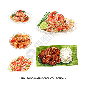 咖喱鸡创意设计在白色背景下隔离水彩泰国食物插图绘画创造力手绘艺术木瓜小菜美食沙拉活力染色插画