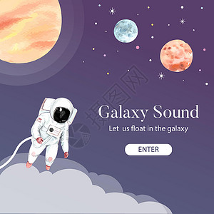 银河社交媒体设计与宇航员星球插画水彩背景图片