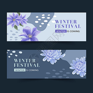 冬季绽放横幅设计与菊花水彩插图背景图片