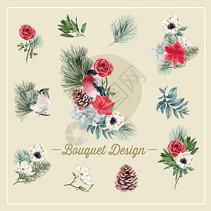 裁缝鸟冬季盛开的花束设计与水彩插图插画