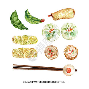 精品蒸虾一套白色背景的水彩点心插图 用于装饰插画