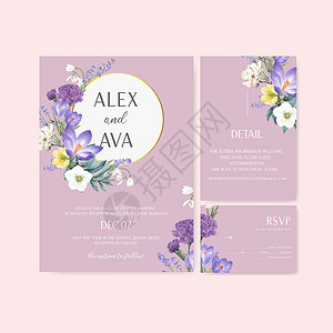 冬季绽放婚礼卡设计与水彩插图紫色推介会创造力红花树叶花朵传单植物艺术打印背景图片