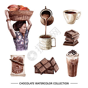 山药脆片白色背景上的水彩巧克力插图集收藏手绘脆片可可绘画女士插图篮子插画