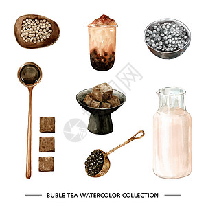 一套白色背景的水彩茶叶泡茶插图背景图片