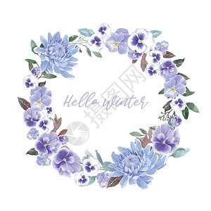 冬季绽放花环设计与菊花 watercolo背景图片