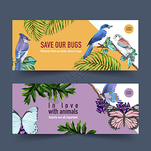 灰松鸦昆虫和鸟类横幅设计与蓝色松鸦叶蝴蝶水彩插图插画