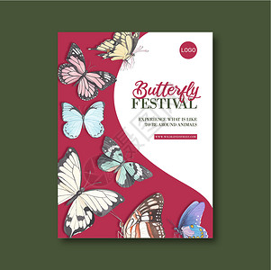 昆虫和鸟类海报设计与蝴蝶水彩插图背景图片