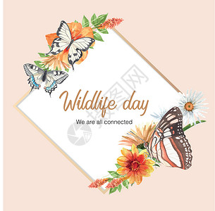 菊与刀昆虫和鸟类花环设计与蝴蝶和花朵水彩插图插画