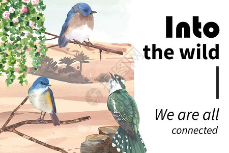 灰松鸦昆虫和鸟类框架设计与水彩插图创造力手绘雀科野生动物染色沙漠绘画蓝尾树叶插画