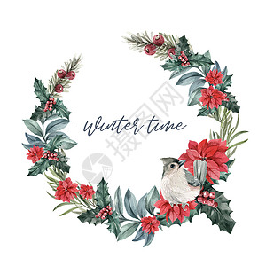 冬花花环设计与一品红浆果鸟水彩插图背景图片