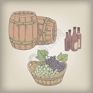 红桶复古套葡萄桶瓶葡萄园浴缸雕刻叶子草图蚀刻篮子艺术瓶子酿酒插画