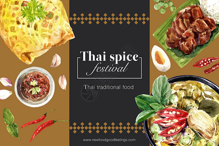 泰式食品框架设计与咸蛋炒猪肉糯米插图水彩背景图片
