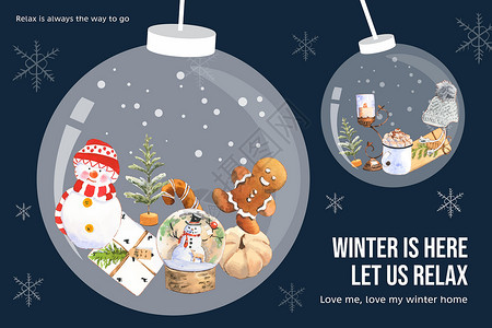 冬季家庭布景设计配有雪人 蜡烛水彩色插图背景图片