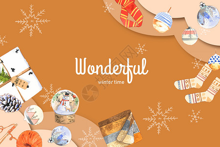 冬季家庭框架设计配有围巾 袜子和水彩色插图打印水彩雪人松树手绘橙子绘画艺术背景图片