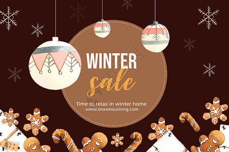冬季家庭框架设计 配有饼干水彩色插图背景图片
