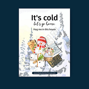 冬季家庭海报设计配有雪球 书 雪 叶子和彩色图画背景图片
