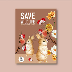 冬季动物海报设计配有兔子 花朵水彩画背景图片