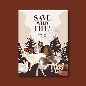 冬季动物海报设计 配有山羊 驼鹿 浣熊水彩色插图背景图片