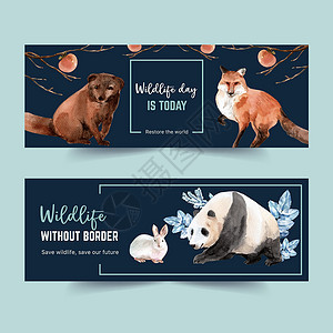 冬季动物标语设计与狐狸 熊猫水彩色插图背景图片