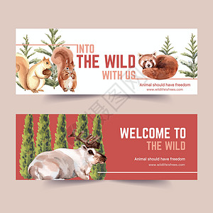 冬季动物标语设计 用松鼠 狐狸 鹿水彩画背景图片