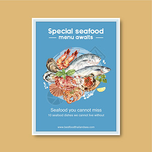 鰤鱼海产食品海报设计有鱼 泥蟹 贝壳插图水彩色插画