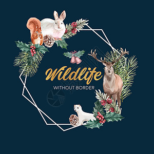 冬季动物花圈设计 用兔子 松鼠水彩画背景图片