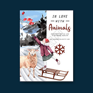 穿裙子羊冬季动物海报设计与女孩 绵羊 人力车水彩色插图插画